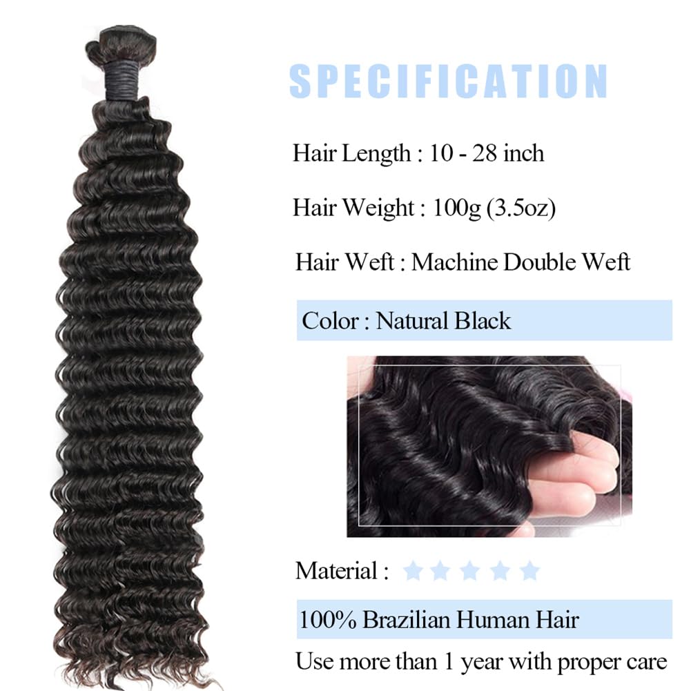 lianlian Deep Wave Bundles Human Hair Weave Brazilian Virgin Hair Wet And Wavy Bundle 12A Grade Unprocessed Human Hair Extensions Natural Black 3 Bundles Deep Curly 14 16 18Inch