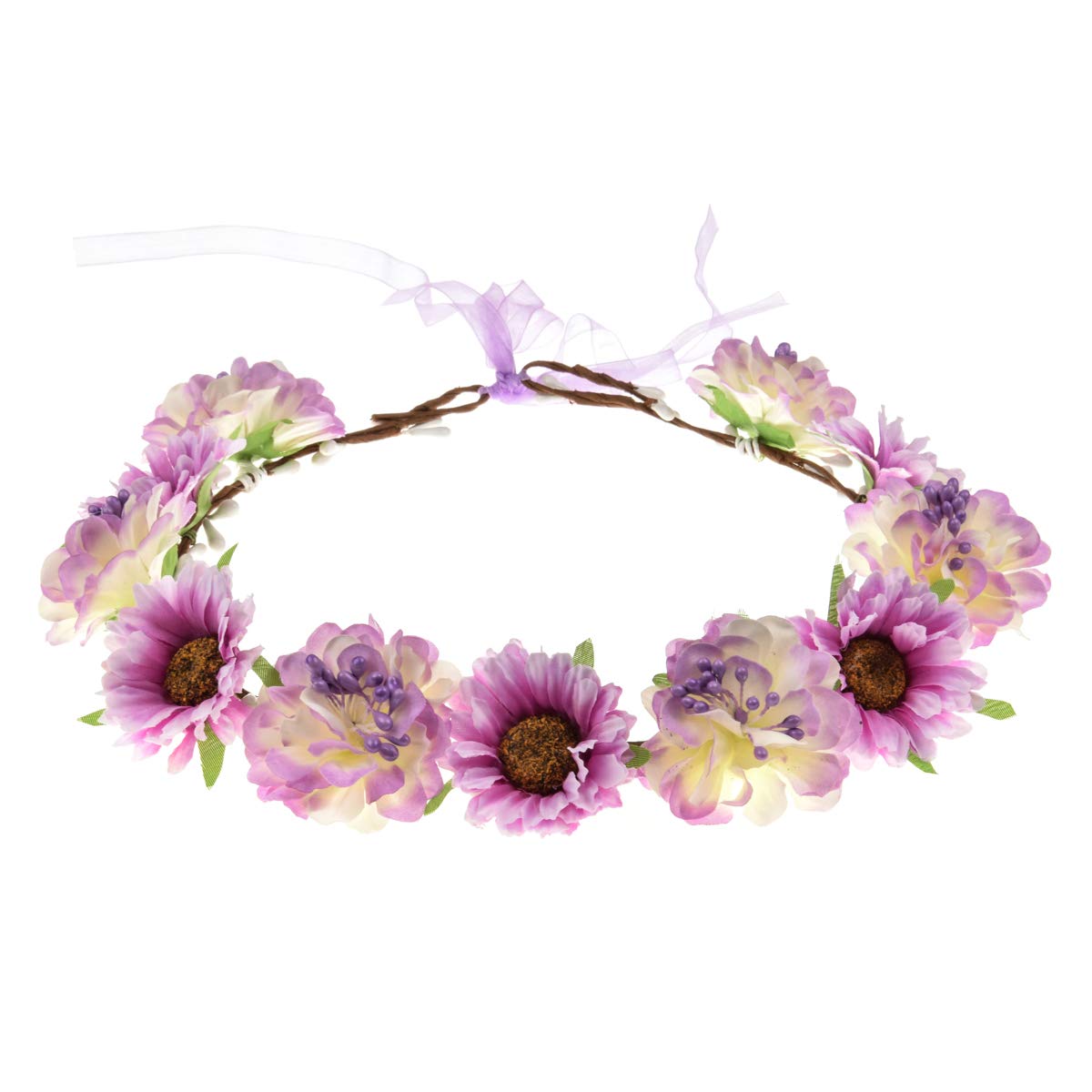 June Bloomy Rose Flower Leave Crown Bridal Halo Headband with Adjustable Ribbon (A Purple)