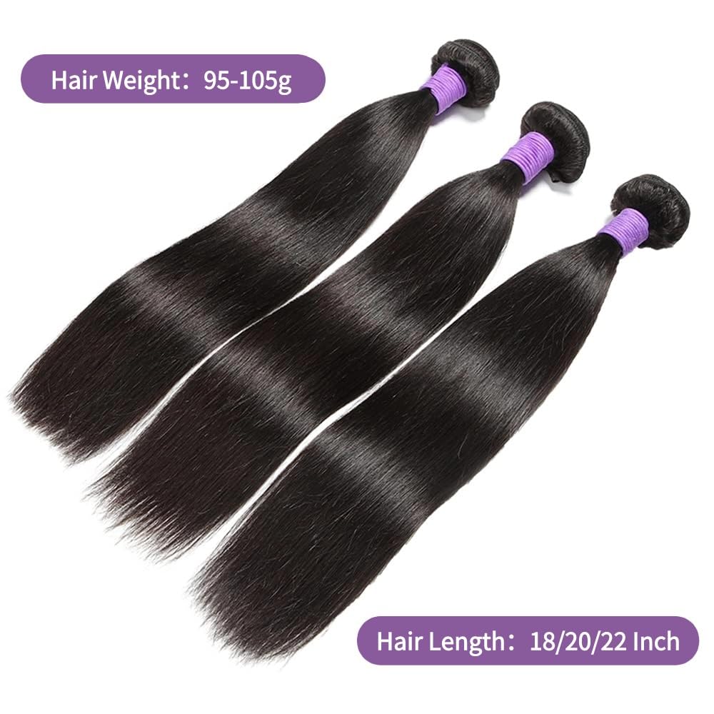 Genrein 10A Peruvian Virgin Straight Hair 3 Bundles Human Hair 18 20 22 Inch 100% Unprocessed Remy Straight Hair Extensions 1B Color for Black Women