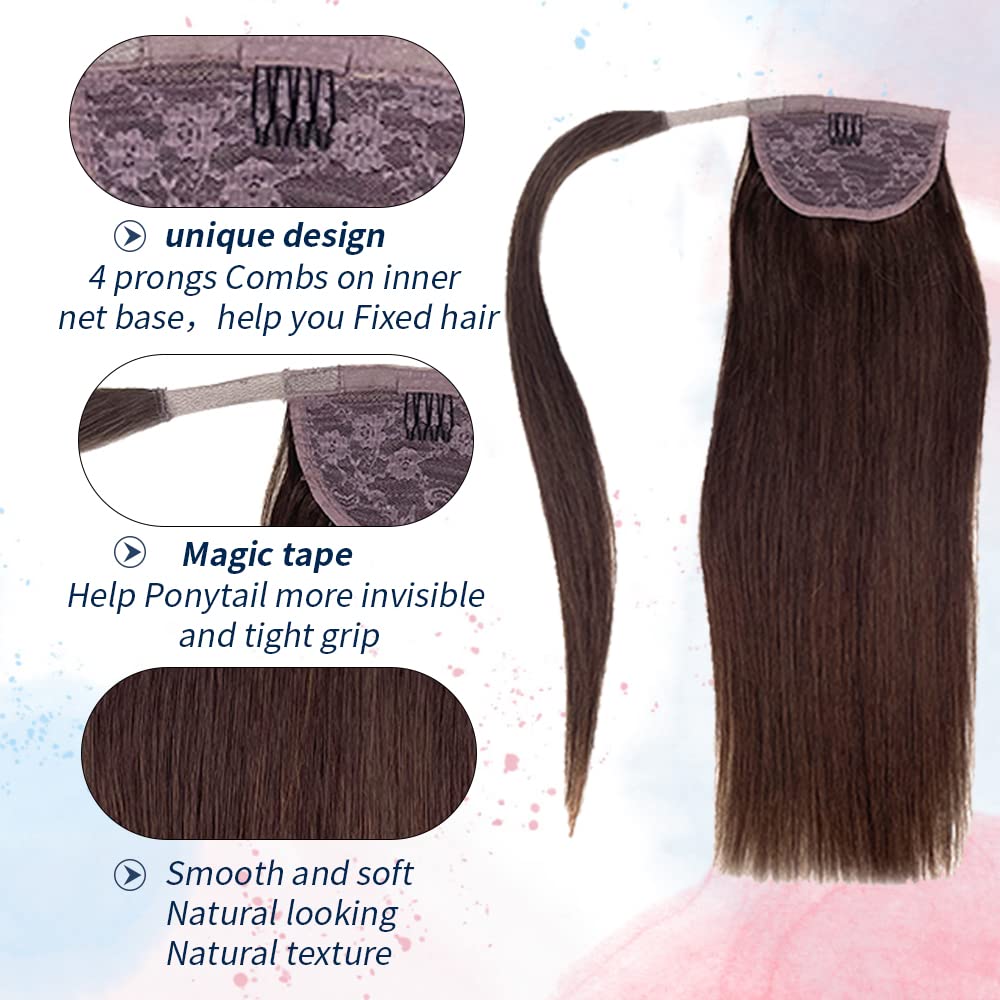 Human Hair Ponytail Extensions Dark Brown Real Human Hair Extensions Wrap Around Pony Tail Remy Human Hair Straight Clip in Pony Tail Hair Extensions 20 inch 80g