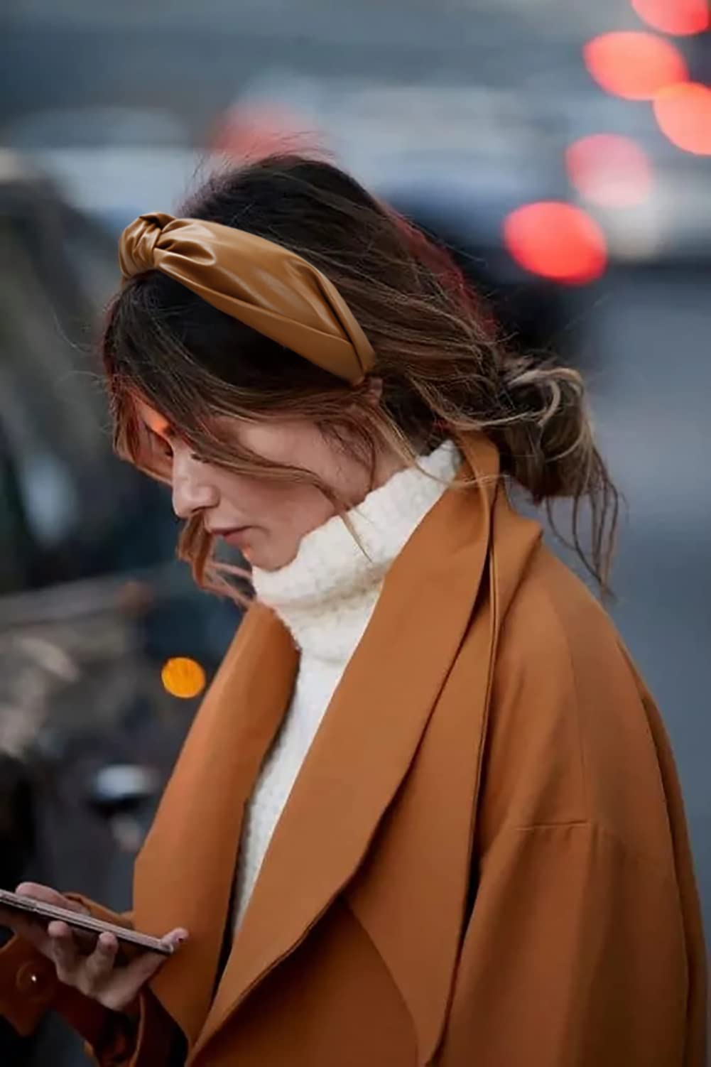 Huachi Knotted Headbands for Women Brown, Cute Womens Headbands knotted, Fashion Top Knot Headband for Girls, Leather