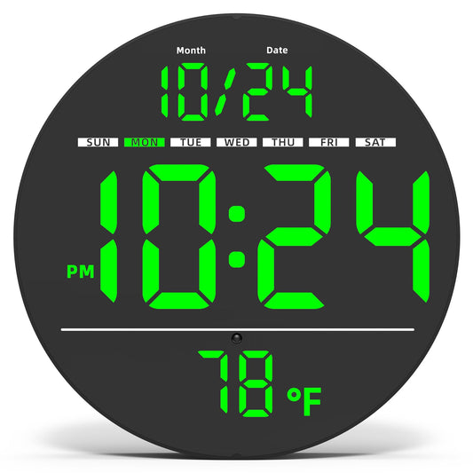 Digital Wall Clock with Large LED Display, Auto-Brightness, Temperature, Low-Reflectivity, Small Silent Non-Ticking Modern Electric Wall Clock for Bedroom, Living Room, Office, Classroom, Farmhouse