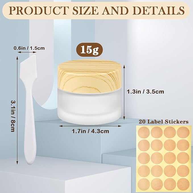 1/2 oz Glass Jars with Lids 12Pcs Frosted Glass Lip Balm Containers Cosmetic Containers Cream Box for Lotion Cream Lip Balm Eyeshadow, Spatulas,Stickers