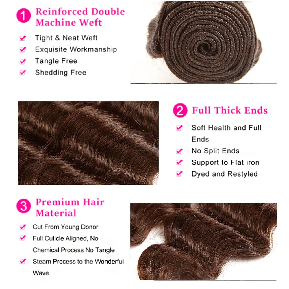 Loose Dark Brown Deep Wave Bundles Human Hair Color 4 Brown Deep Curly Bundles Human Hair Double Weft Brazilian Remy Hair Extensions Wet and Wavy Silky Soft 26 28 30 inch 3 Bundles