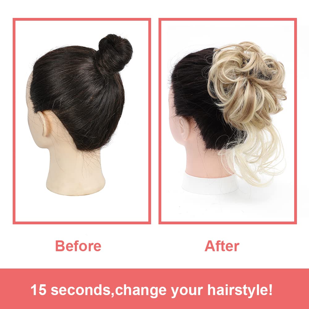 KETHBE Messy Bun Hair Piece Tousled Updo Hair Buns Extension Elastic Hair Band Hair Pieces Curly Hair Bun Scrunchie For Women (Highlights Blonde)