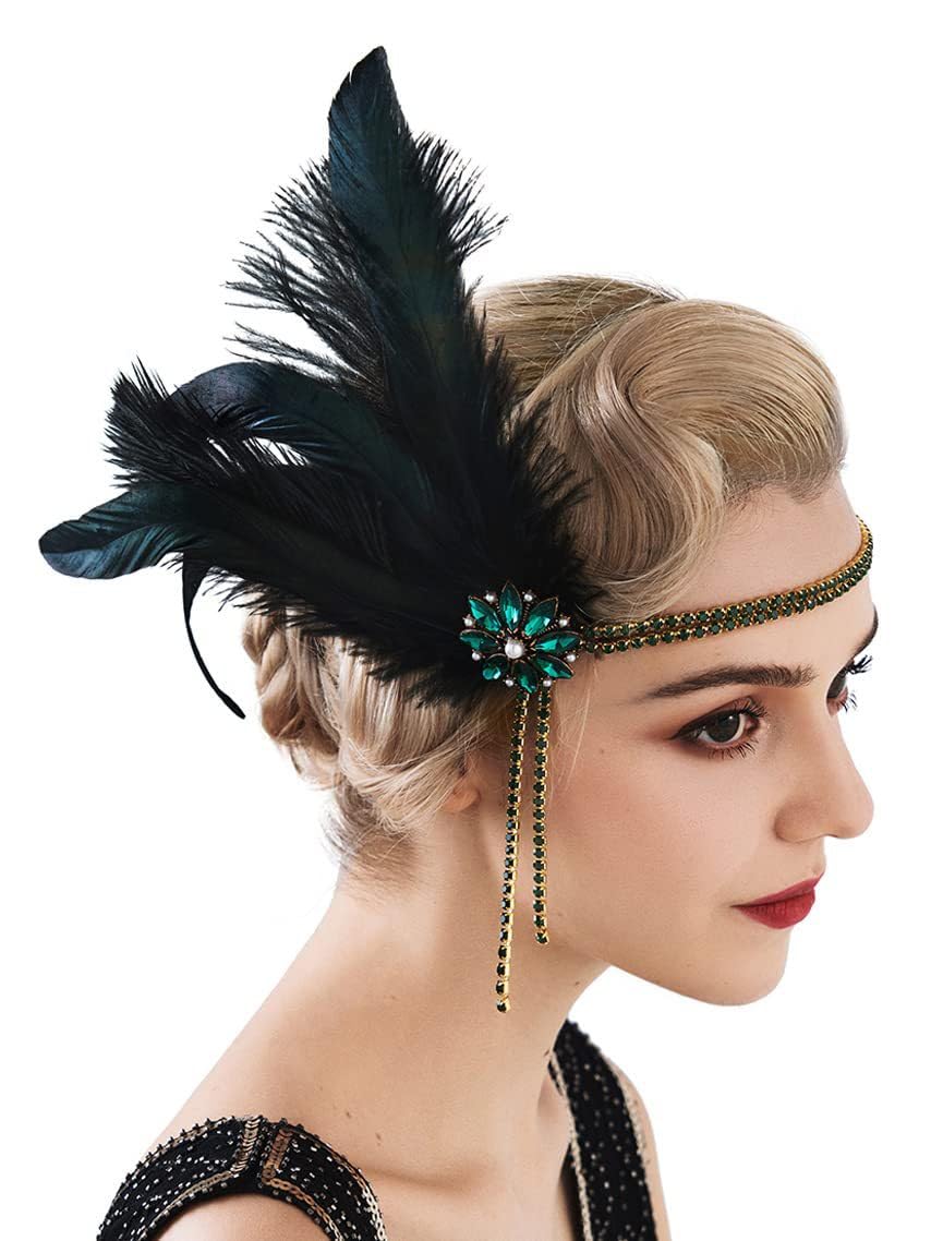 E EMZHOLE 1920s Headpiece Flapper Headband, Rhinestone Pearl Feather Hair Band Great Gatsby Bride Wedding Headdress Head Bands Bridal Hair Accessories for Women and Girls,Champagne (Green)