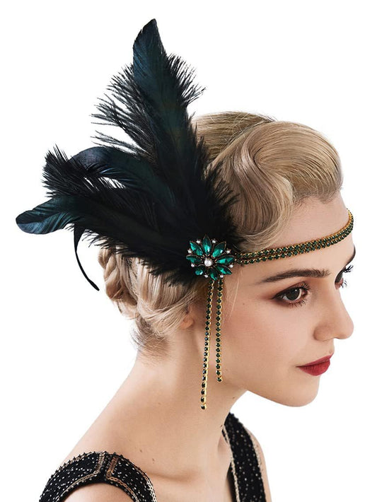 E EMZHOLE 1920s Headpiece Flapper Headband, Rhinestone Pearl Feather Hair Band Great Gatsby Bride Wedding Headdress Head Bands Bridal Hair Accessories for Women and Girls,Champagne (Green)