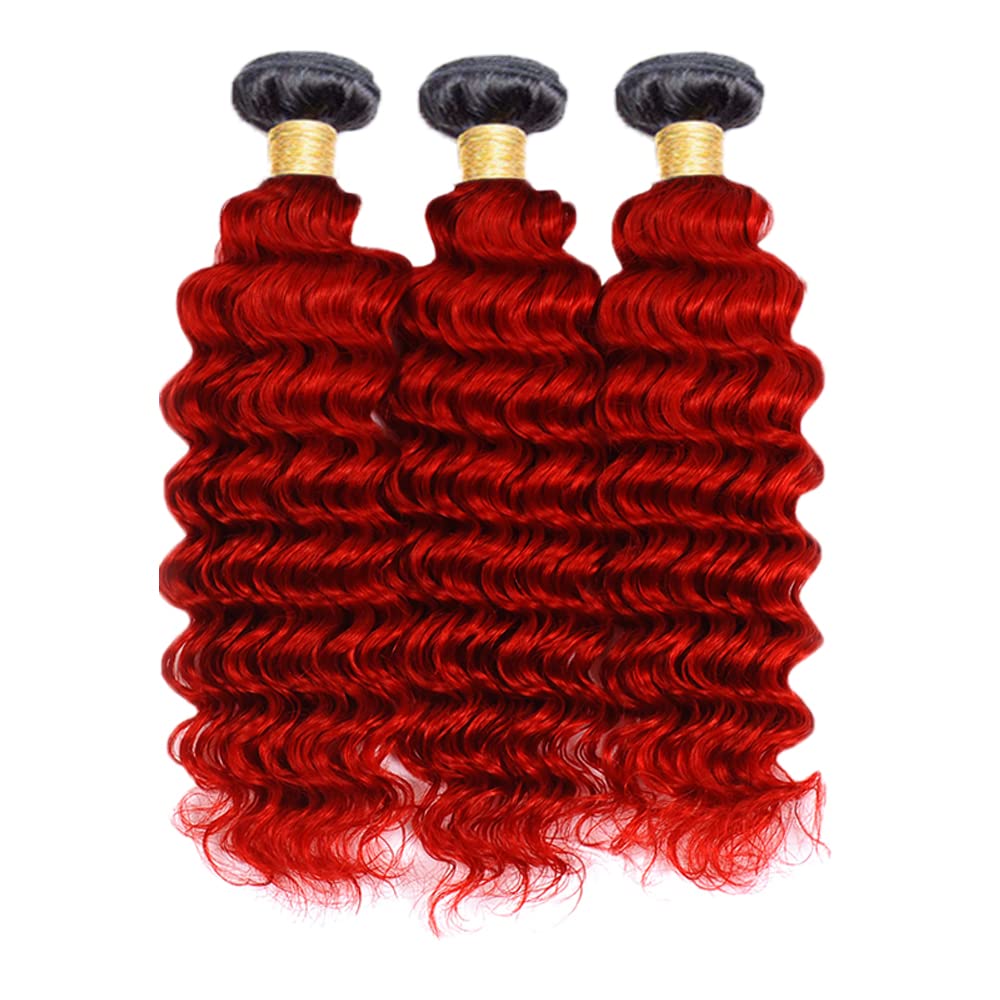 Ombre Human Hair Bundles Red Deep Wave Bundle Human Hair Weave 3 Bundles 12 14 16 Inch Double Weft 2 Tone Black and Bright Red Wet and Wavy Bundles Human Hair for Black Women