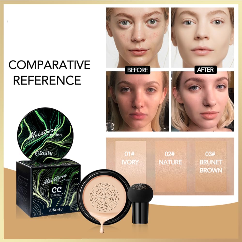 Mushroom Head Air Cushion CC Cream Foundation, Moisturizing Concealer BB Cream Nude Long Lasting Matte CC Cream Makeup Liquid Foundation (2pcs Natural)