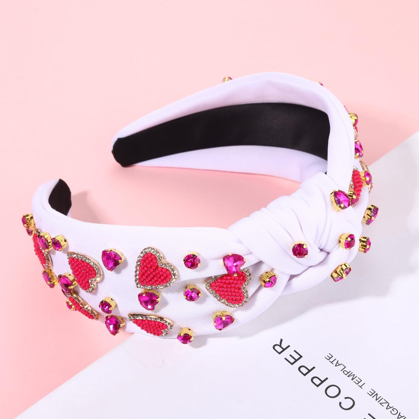 Heart Headband for Women Valentine's Day Knotted Headband Beaded Rhinestone Heart Hairband Crystal Galentines Day Top Knot Headband Valentine's Day Hair Accessories Holiday Gifts (White Heart A)