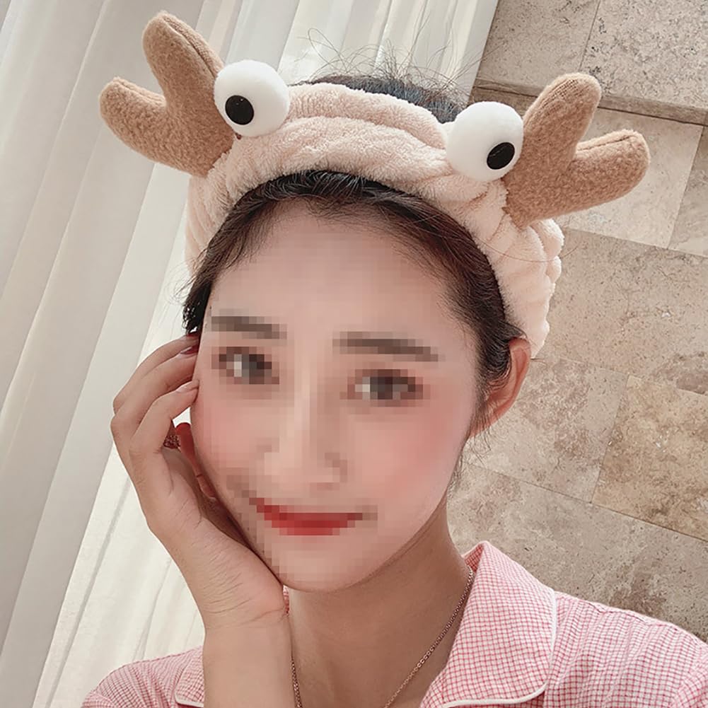 CJKDXDH Spa Headband for Washing Face Cute Crab Eyes Skincare Headband for Women Girls Microfiber Makeup Headband Creative Hair Accessories (Khaki)