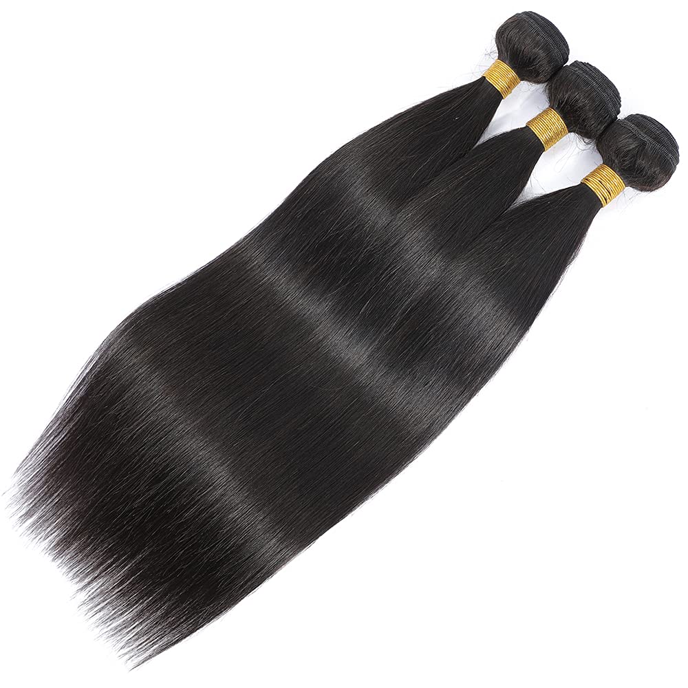 Straight Bundles Human Hair Color 1B Bundles 8a Grade Brazilian Human Hair Natural Color Weave Hair Extensions Double Weft Remy Hair Soft and Silky for Black Women (22 24 26 inch,3 Bundles)