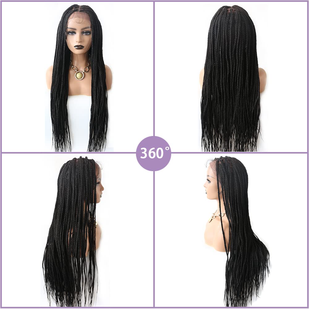 Lace Braids Wigs For Black Women Swiss Lace Front Cornrow Box Braided Wig With Baby Hair Natural Looking Synthetic Fiber Lightweight Cornrow Micro Twist Braids Wigs (#1B Black)