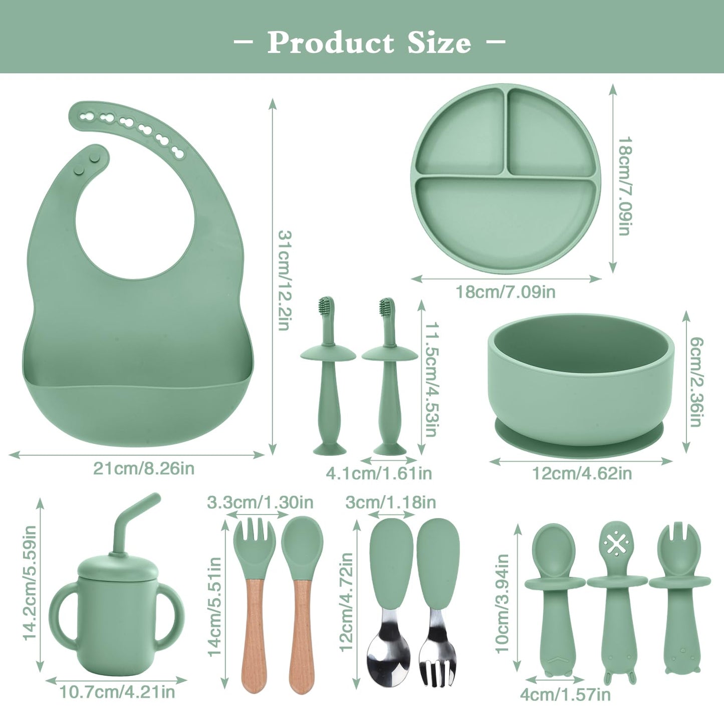 Silicone Baby Feeding Set,13PCS Baby Feeding Essentials with Suction Bowl and Plate,Spoons & Forks,Bib & Cup,Baby Toothbrush,Baby Led Weaning Supplies for 6+ Months,Baby Eating Essentials(Light Green)