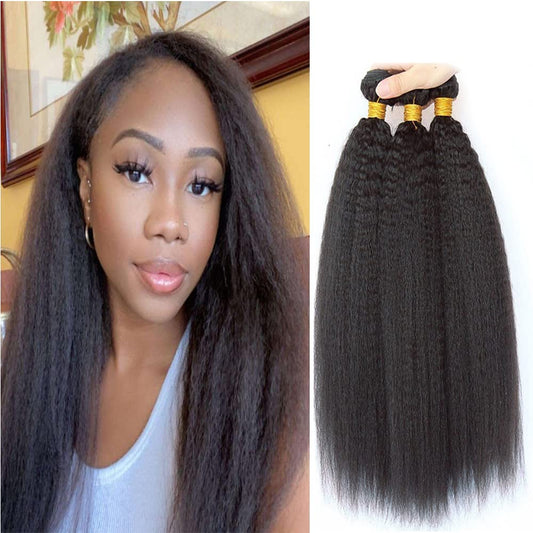 Color 1B Kinky Straight Bundles Human Hair 1B Yaki Straight Bundles 8a Grade Double Weft Brazilian Remy Hair Weave Extensions Soft and Silky for Black Women (24 26 28 inch 3 Bundles)