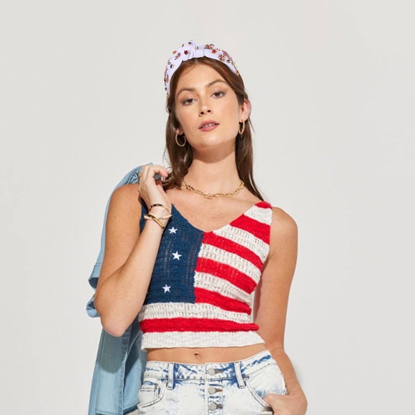 mokkia 4th of July Headband for Women American Flag Star Knotted Headbands Red White and Blue Rhinestone Crystal Top Knot Headbands Patriotic 4th of July Accessories Party Favors (Letter USA 4)