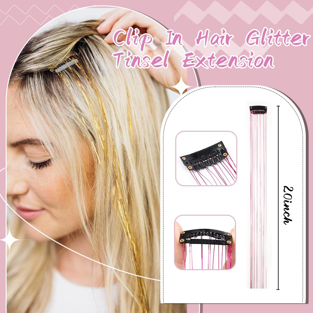 Hair Tinsel Pack of 12 Pcs Clip in Hair Tinsel 20 Inch Colorful Glitter Tinsel Hair Extensions Tinsel Fairy Hair Party Dazzle Hair Accessories Strands Kit for Women Girls Kids(12Pcs,Light Pink#)