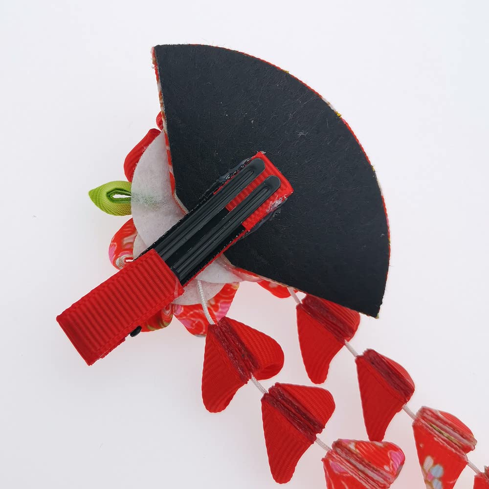 Japanese Style Women Flower Hair Clip Tassel Hair Ornament, Kimono Decor Fabric Hanfu Hairpin Accessories For Christmas Party Costume Gift (Red)