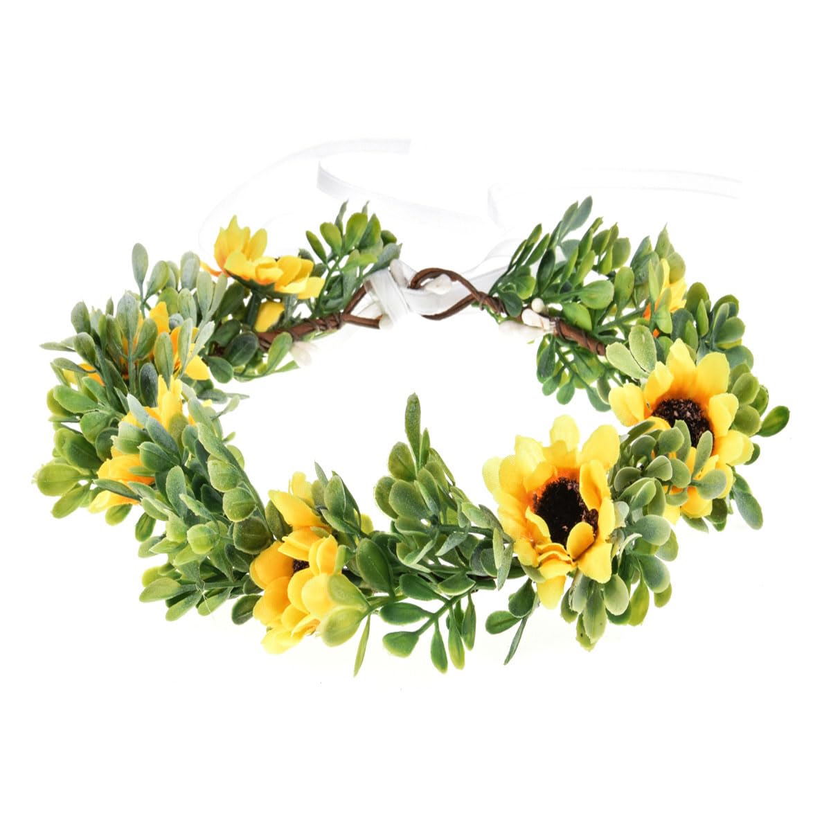 June Bloomy Autumn Sunflower Headband Women Flower Headband Bridal Rose Floral Crown BOHO Photo Prop (Sunflower White)
