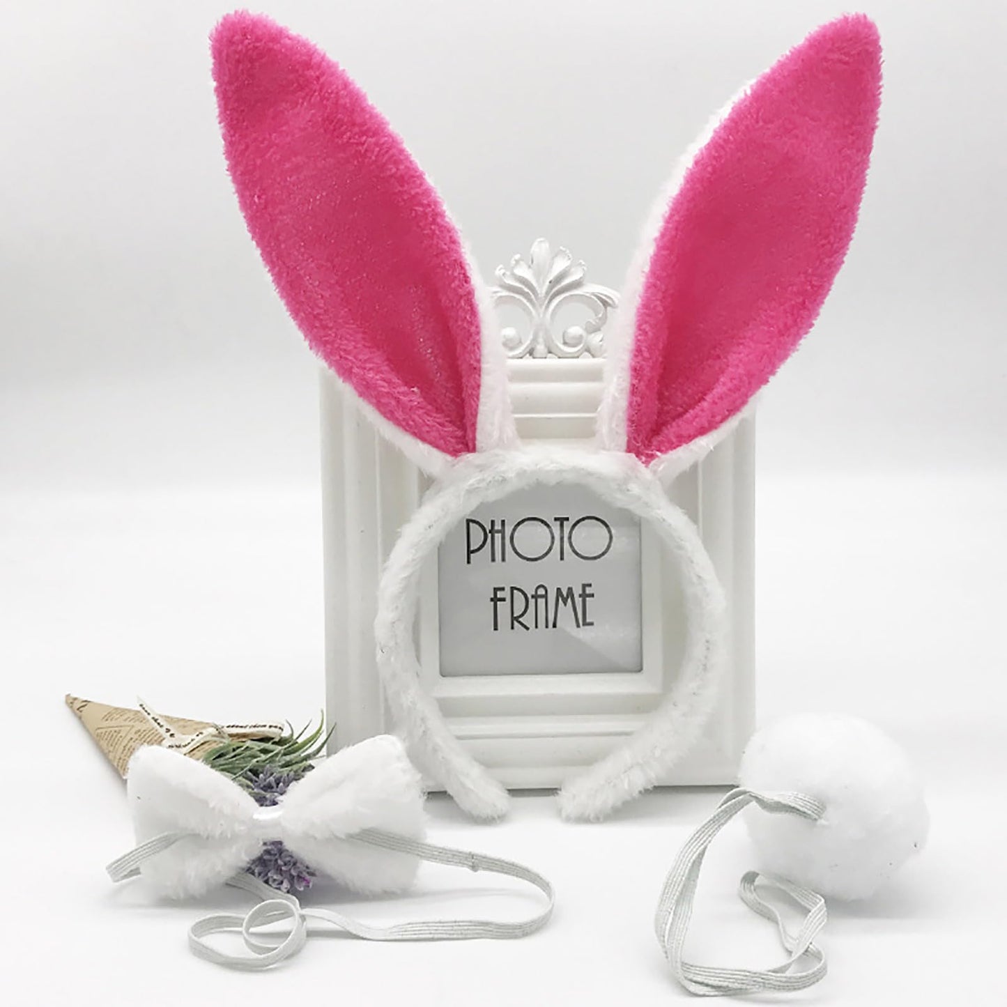FunSpt Easter Bunny Rabbit Ears Plush Headband Halloween Costume for Aldult 3Pcs Set Red