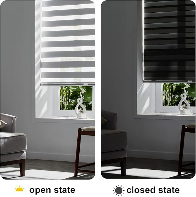 Persilux Cordless Zebra Roller Window Shades Free-Stop Roller Blinds (32" W X 72" H, Grey) Light Control for Day and Night, Light Filtering Sheer Roller Shades for Windows, Easy to Install