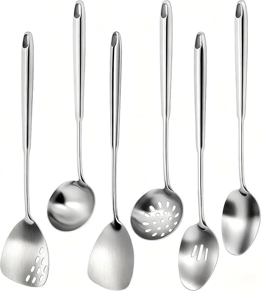 6Pcs Stainless Steel Kitchen Utensils Set – Cooking Utensils Set Stainless Steel, Metal Cooking Utensils with Wok Spatula, Serving Spoons,Ladle Set– Durable Cooking Supplies for Home and Camping