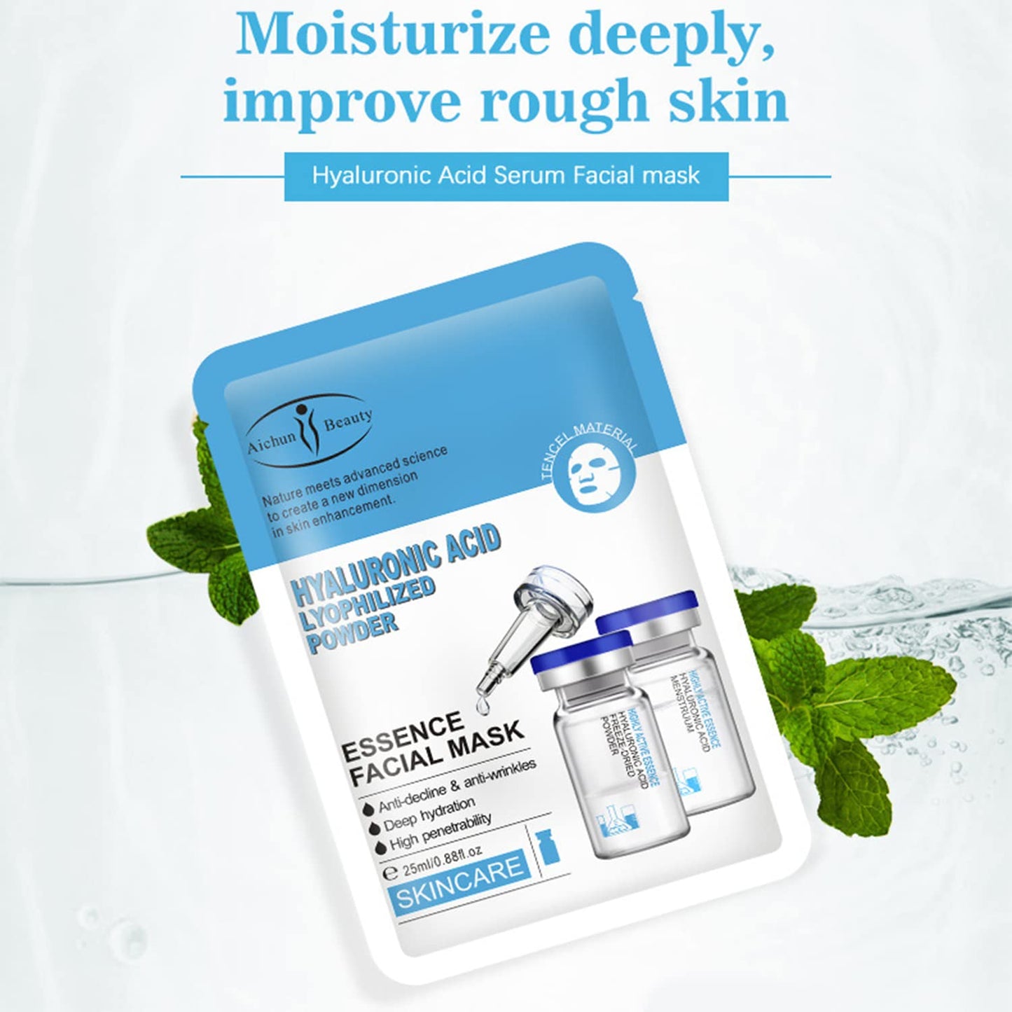 AICHUN BEAUTY Essence Facial Mask Tencel Material Anti-acne Anti-wrinkles Repair After Sun Moisturizing Deep Cleaning Contractive Pore 25ml/0.88fl.oz X 10pcs (HYALURONIC ACID LYOPHILIZED POWDER(10pcs))