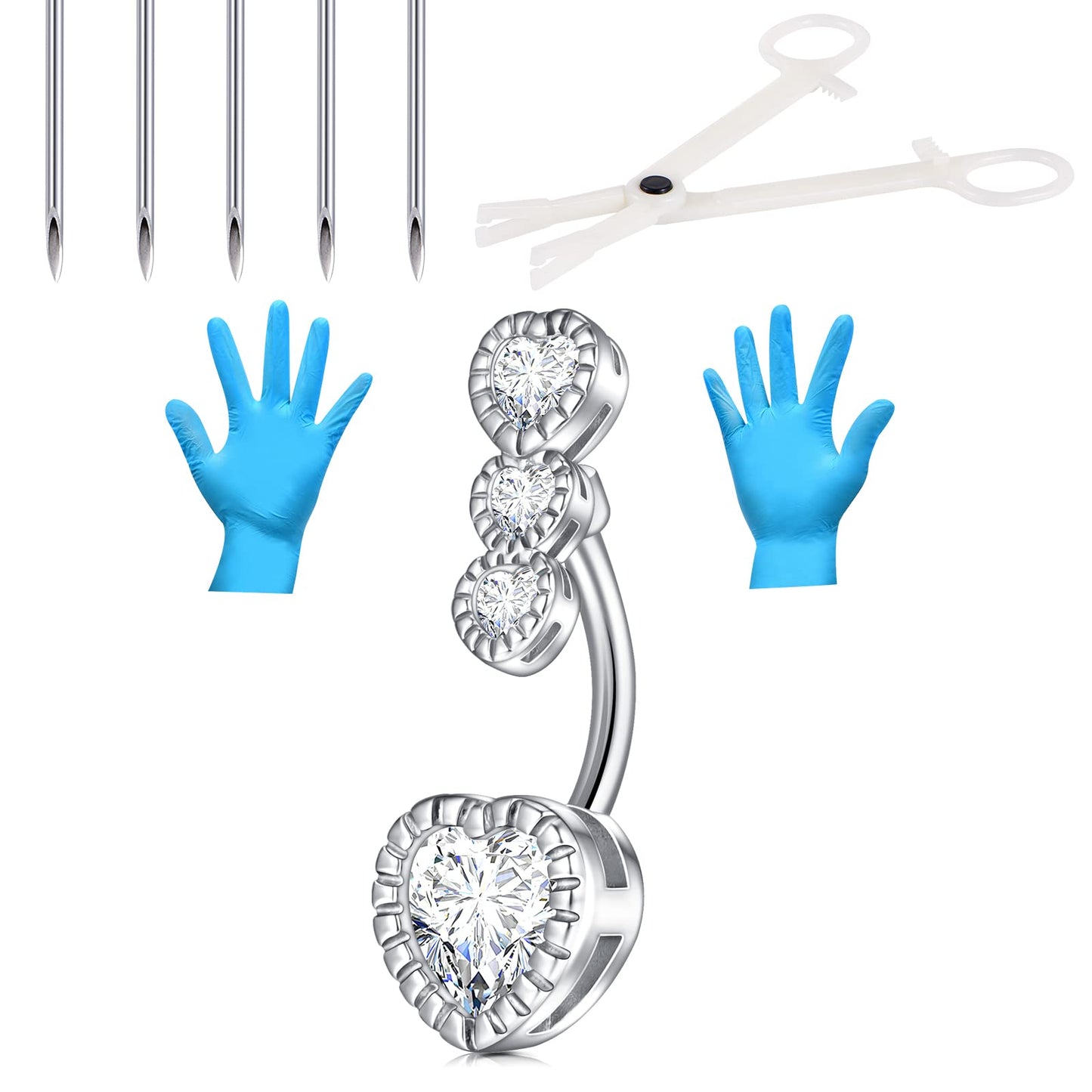 Belly Button Piercing kit,14G 316L Stainless Steel Silver Belly Button Ring with 12G Piercing Needles and Piercing Clamps Body Piercing Tool for Navel Belly Piercing