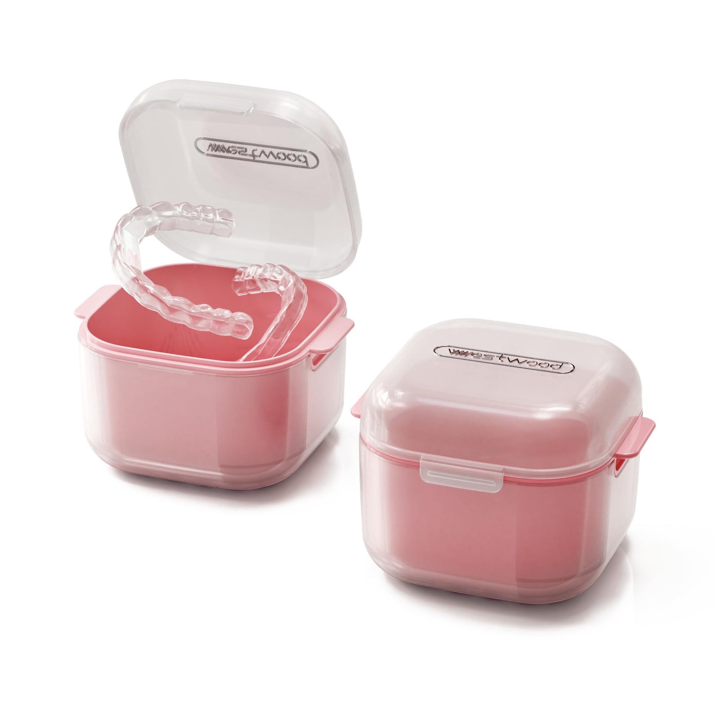 HyJeryty Pink Denture Cup Denture Case, Retainer Cleaner Case, Pretty Night Mouth Guard Holder Box, Storage Soak Container with Drain Basket for Home Travel Cleaning