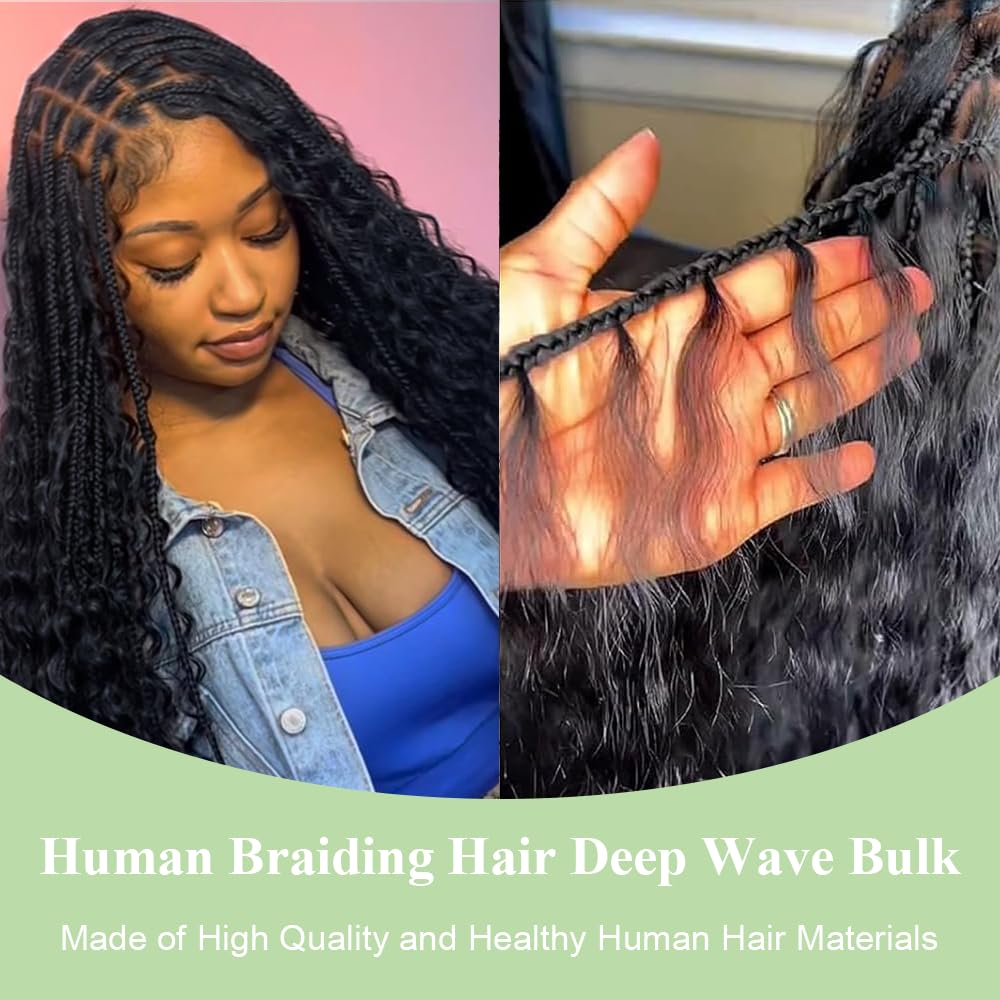 Liccaibao Deep Wave Bulk 100g 24 Inch Natural 100% Human Hair Braiding Hair Unprocessed No Weft 10A Brazilian Virgin Hair for Curly Human Hair Extensions Boho Braids Wet and Wavy Human Braiding Hair