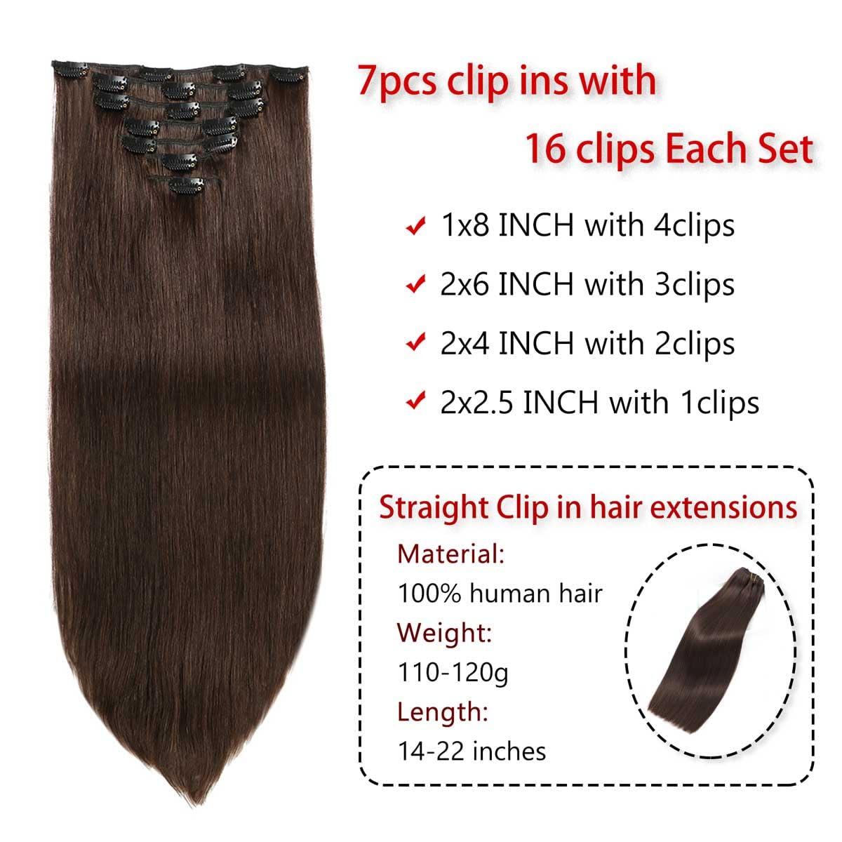 Clip in Hair Extensions Real Human Hair Straight 20 Inch 7pcs 120g Clip ins Hair Extensions Brazilian Remy Human Hair 16 Clips Double Weft Human Hair For Women (20 Inch, #2 Dark Brown)