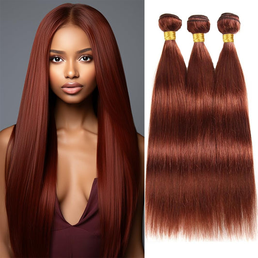 Copper Red Straight Bundles Color #33 Human Hair Reddish Brown Straight Bundles Double Weft Brazilian Remy Hair Weave Extensions Soft and Silky for Black Women (18 20 22 Inch 3 Bundles)