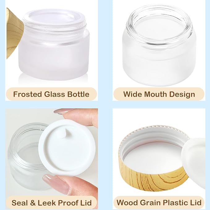 1/2 oz Glass Jars with Lids 12Pcs Frosted Glass Lip Balm Containers Cosmetic Containers Cream Box for Lotion Cream Lip Balm Eyeshadow, Spatulas,Stickers