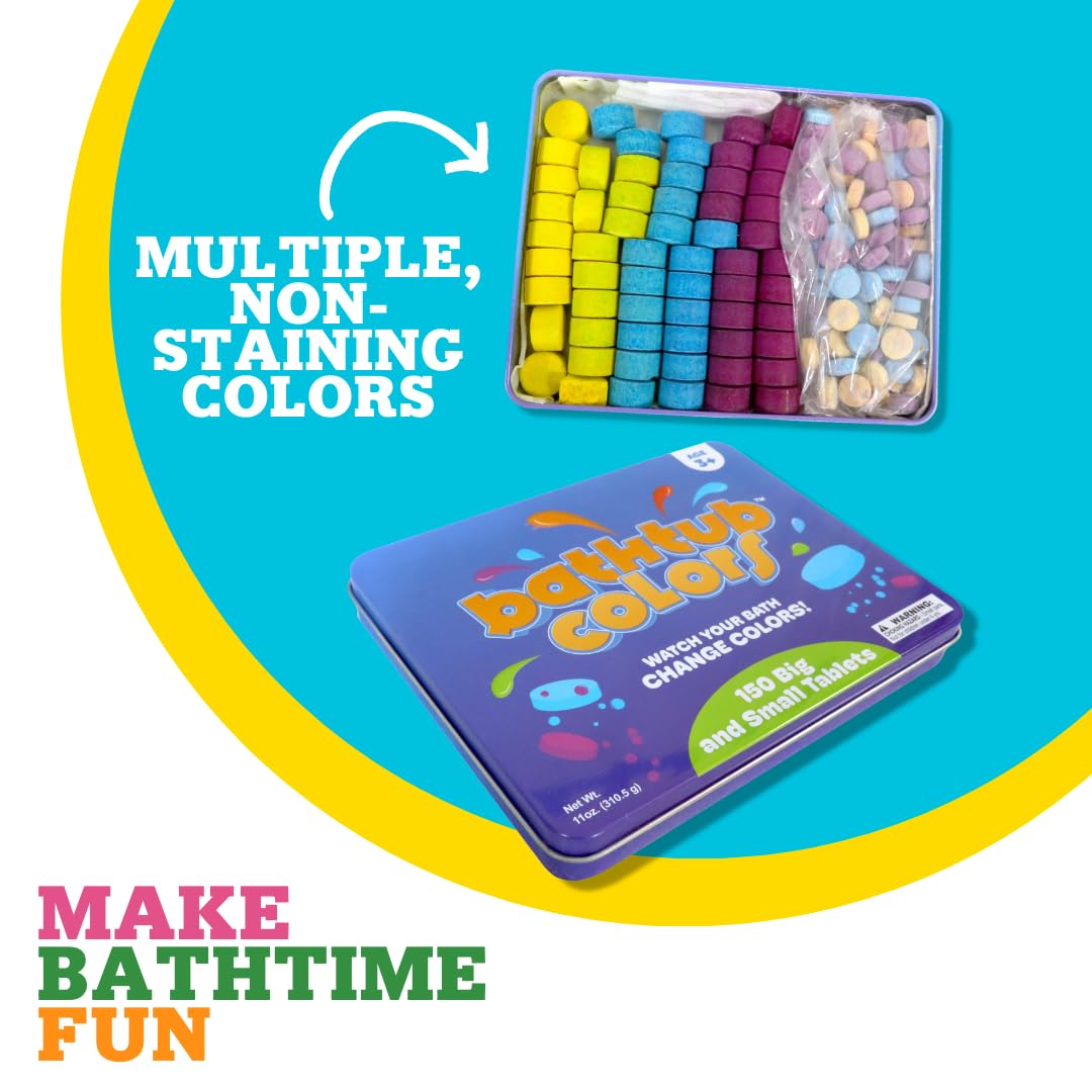 Kid Made Modern Bath Color Tablets for Kids - 450 Non Toxic Bath Drops for Toddlers Blue, Yellow, Pink, and Purple Bathtub Color Fizzies Tablets - Fun & Mini Bath Bombs (150 Count / 3 Pack - Ages 3+)