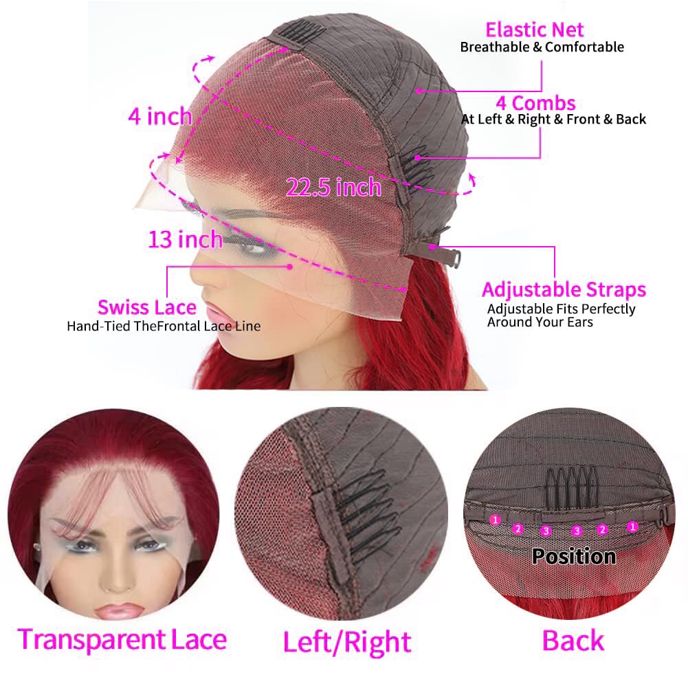 INVITEYOU 99J Burgundy Lace Front Wigs Human Hair 180% Density Wine Red Wig Human Hair Pre Plucked with Baby Hair 13x4 Body Wave HD Transparent Lace Front Wigs for Black Women(18inch)