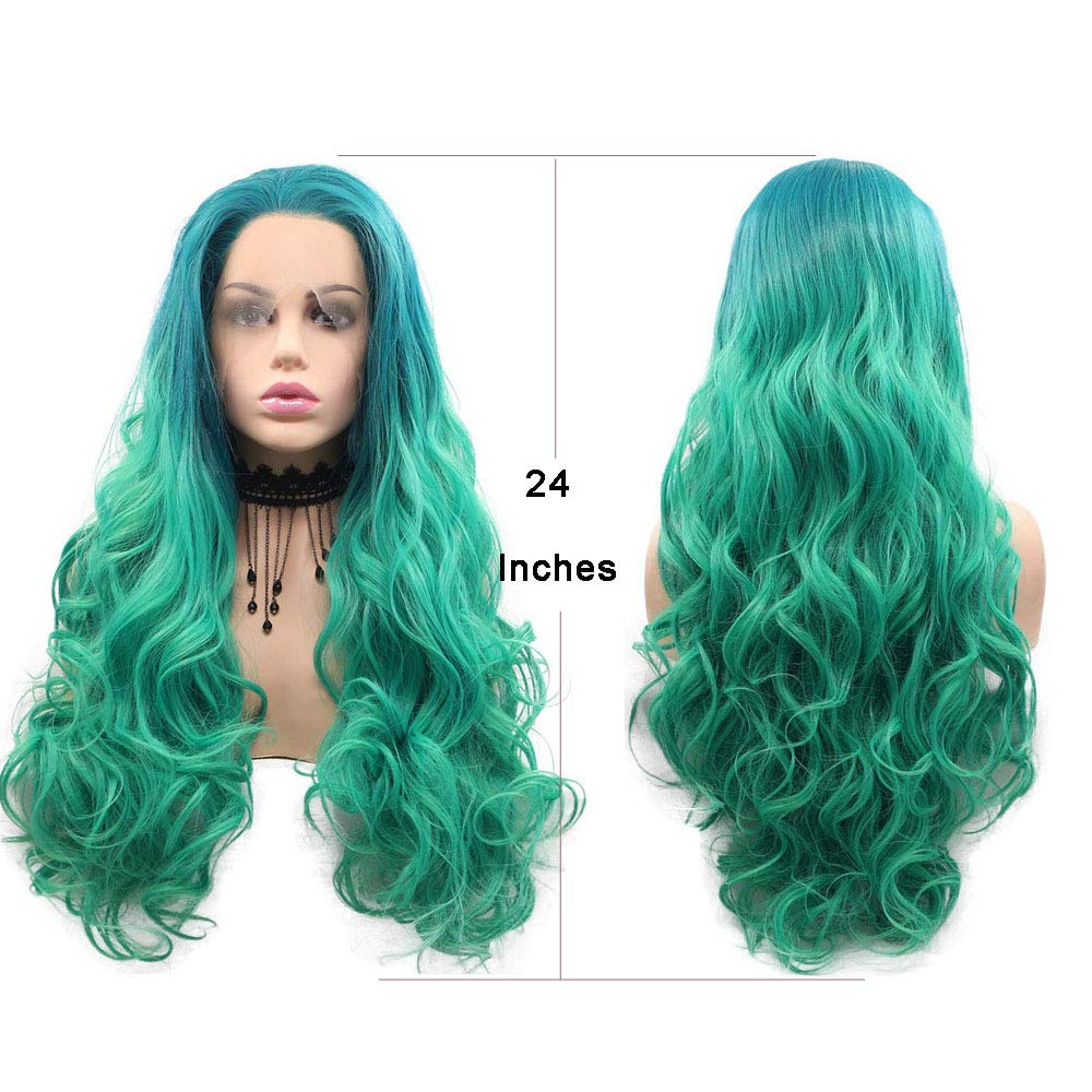 Long Green 2T Ombre Body Wave Synthetic Lace Front Wigs for Women Free Part Natural Hairline Glueless Wigs Light Green Ombre Green Body Wave Curly Heat Resistant Fiber Hair Replacement Wig Cosplay