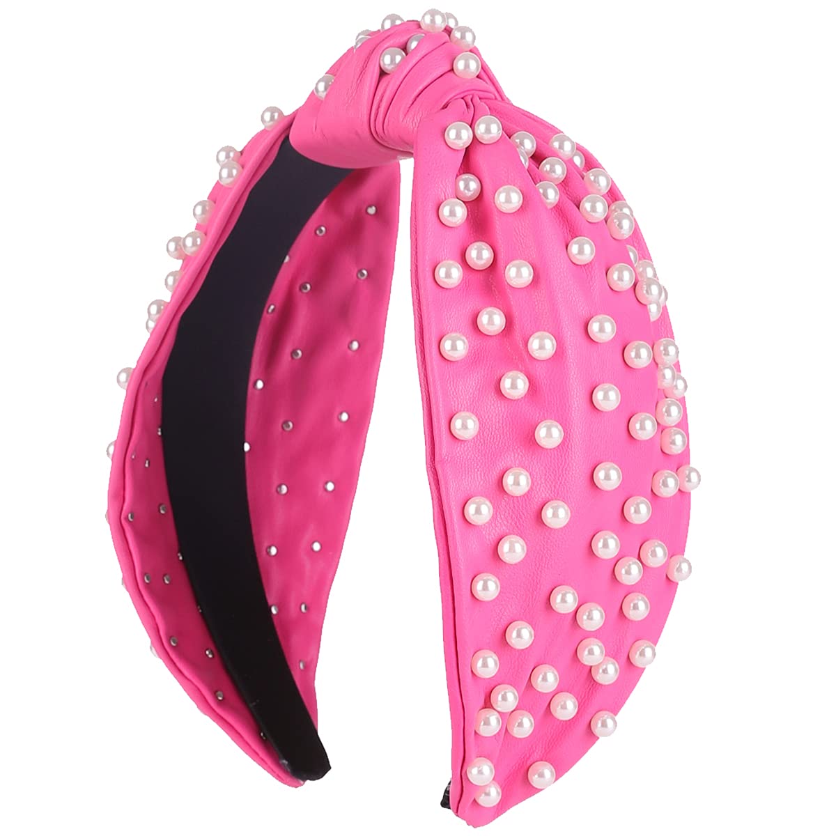 FEDANS Pearly Knotted Women Pink Headband Luxury Jeweled Leather Beaded Embellished Top Hairband Fashion Elegant Ladies Hair Band