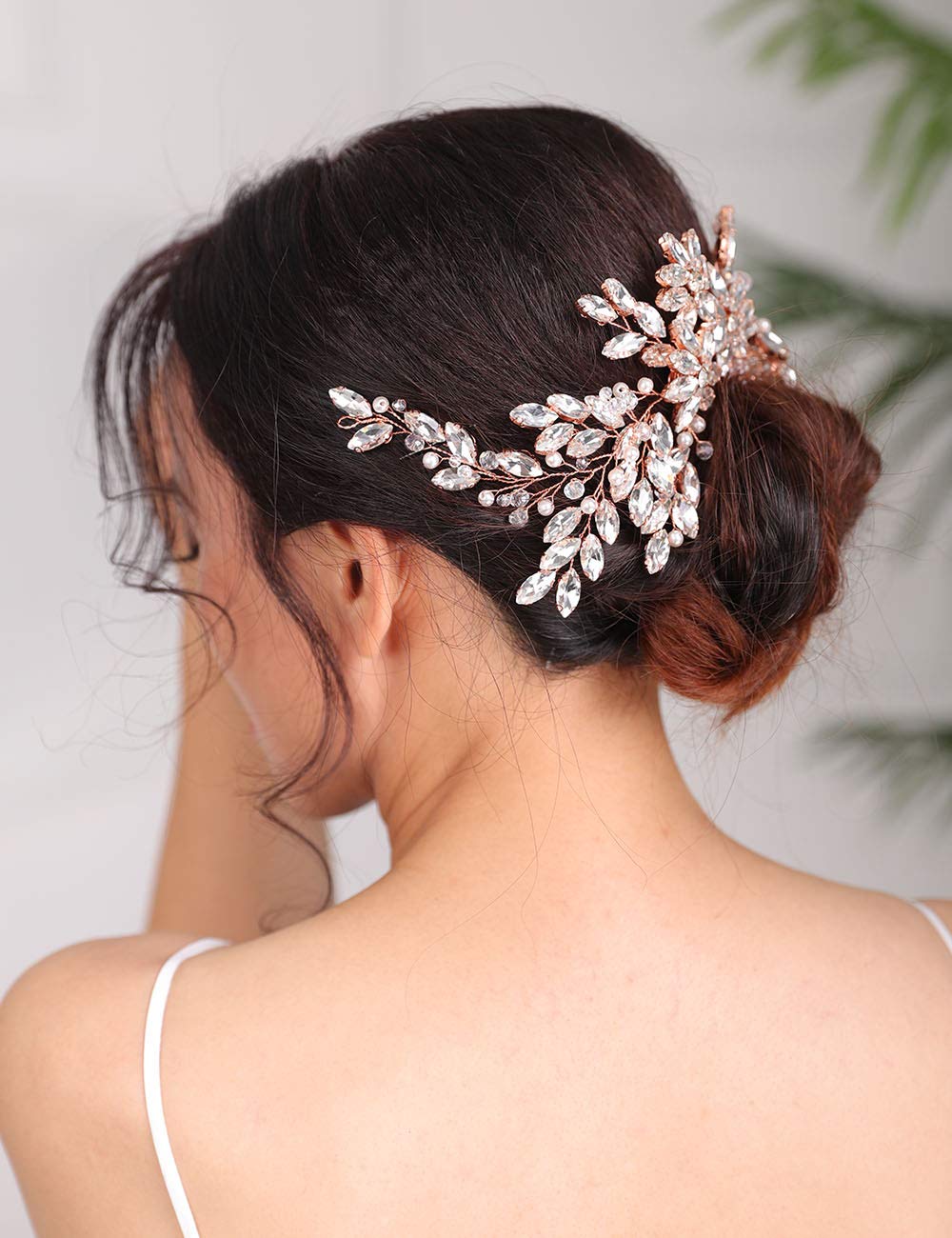Denifery Rose Gold Bridal Hair Comb Sparkly Rhinestones Wedding Hair Comb Pearl Bridal Headpiece Rose Gold Hair Accessories for Women and Girls (Gold)