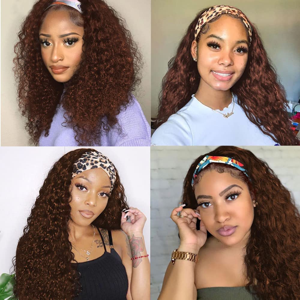 YiweYowe 32 Inch #4 Brown Deep Curly Wave Headband Wig Human Hair #4 Color Glueless None Lace Front Wig 150% Density Brazilian Virgin Hair Deep Curly Wigs for Black Women
