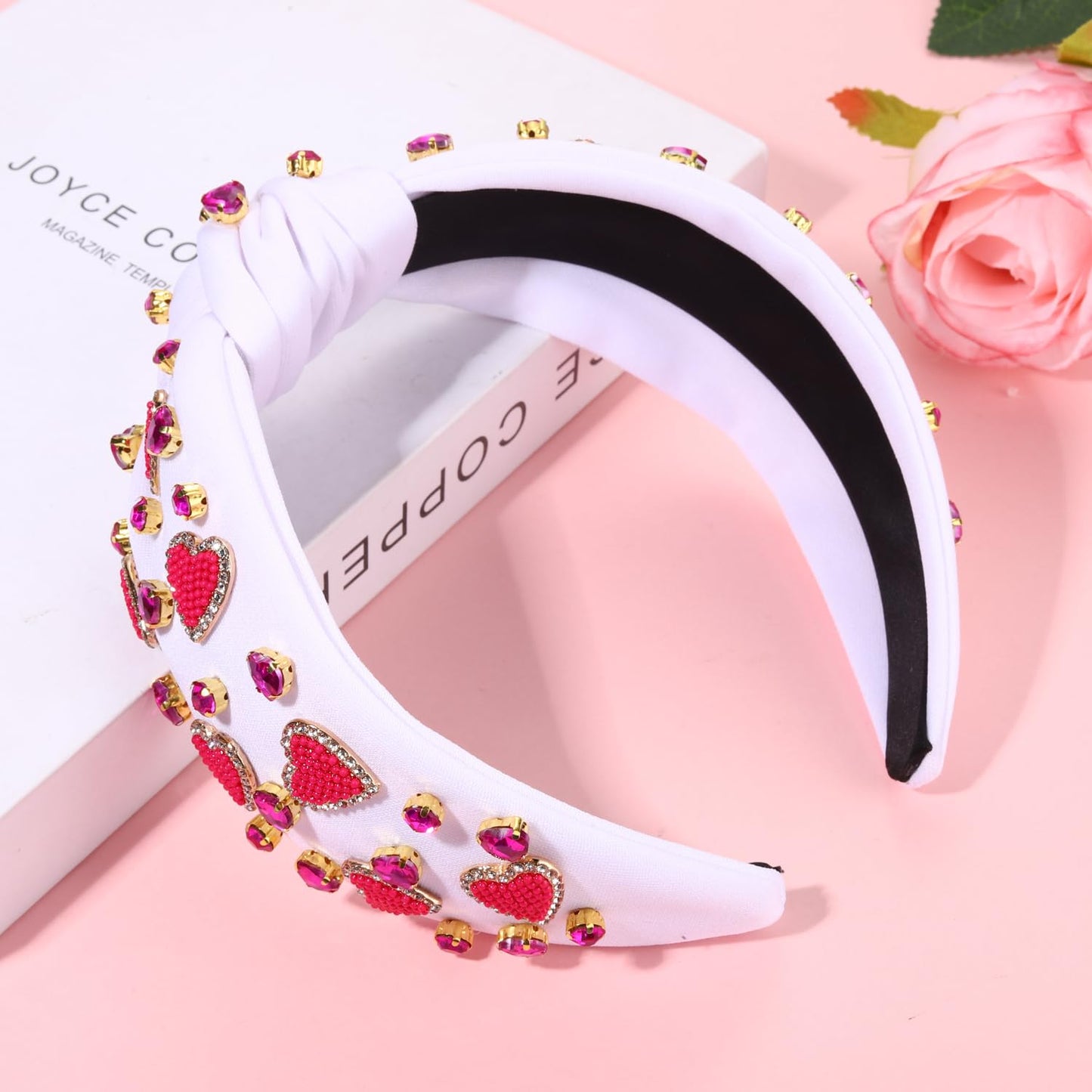 Heart Headband for Women Valentine's Day Knotted Headband Beaded Rhinestone Heart Hairband Crystal Galentines Day Top Knot Headband Valentine's Day Hair Accessories Holiday Gifts (White Heart A)