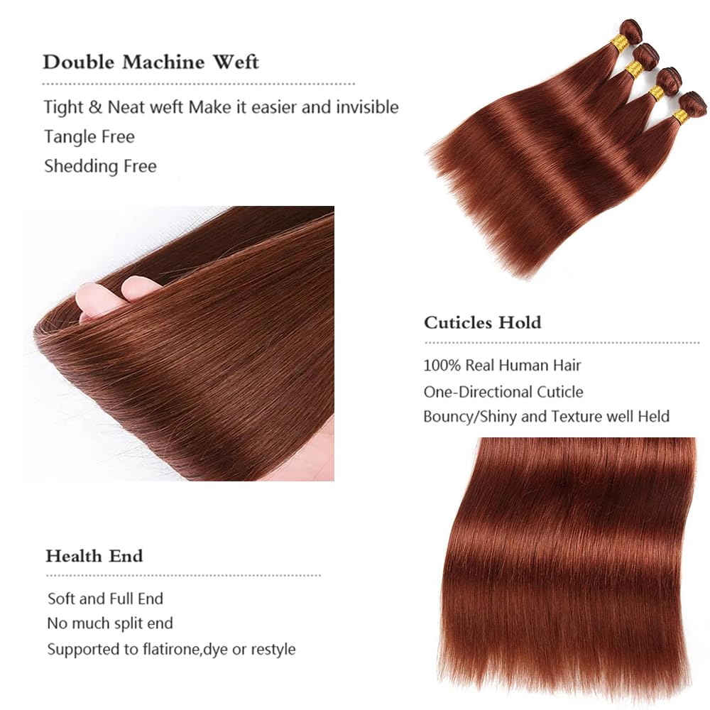 Color 33 Human Hair Copper Red Straight Bundles Human Hair Reddish Brown Bundles Auburn Bundles Human Hair Double Weft Wet and Wavy Bundles Silky and Soft for Black Women (22 24 26 Inch 3 Bundles)