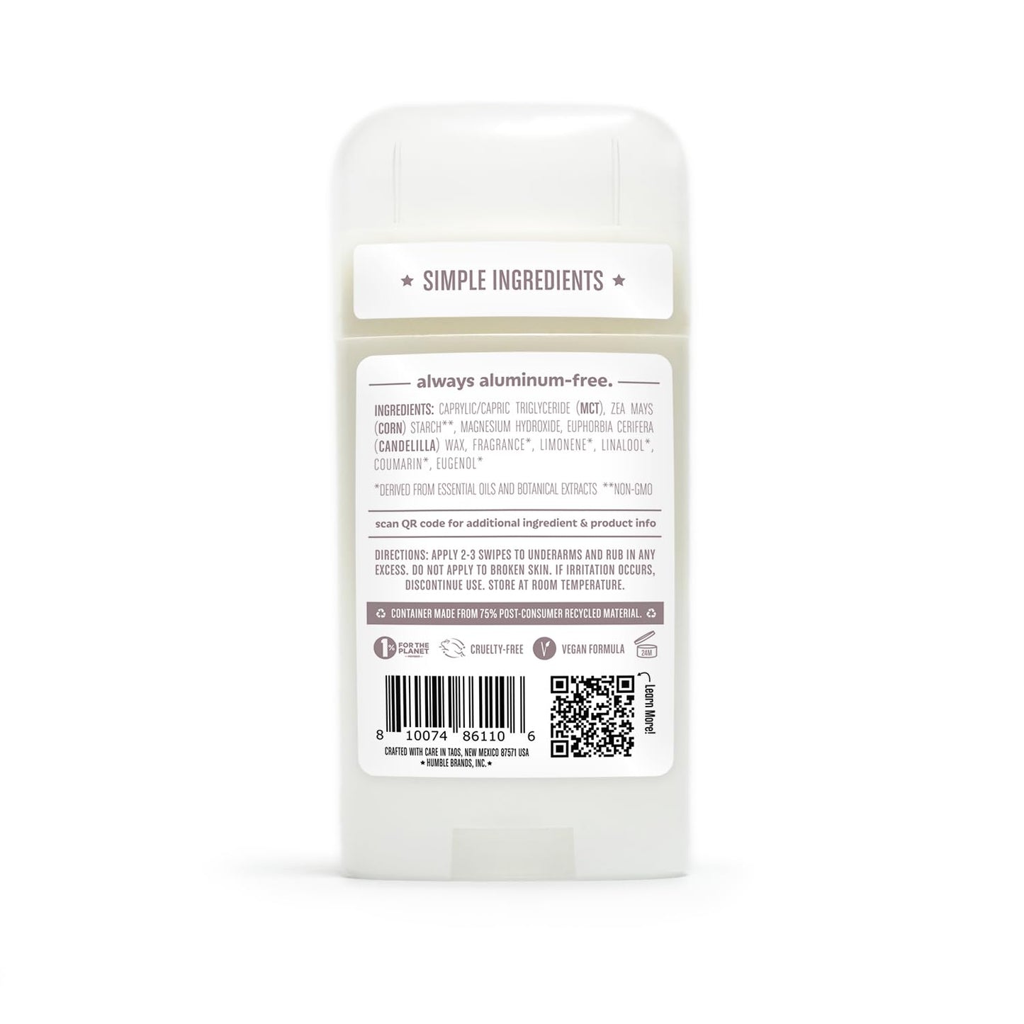 HUMBLE BRANDS Aluminum-Free Deodorant, Vegan and Cruelty- free, Formulated for Sensitive Skin, Patchouli & Copal, 2.5 Ounce (Pack of 1)