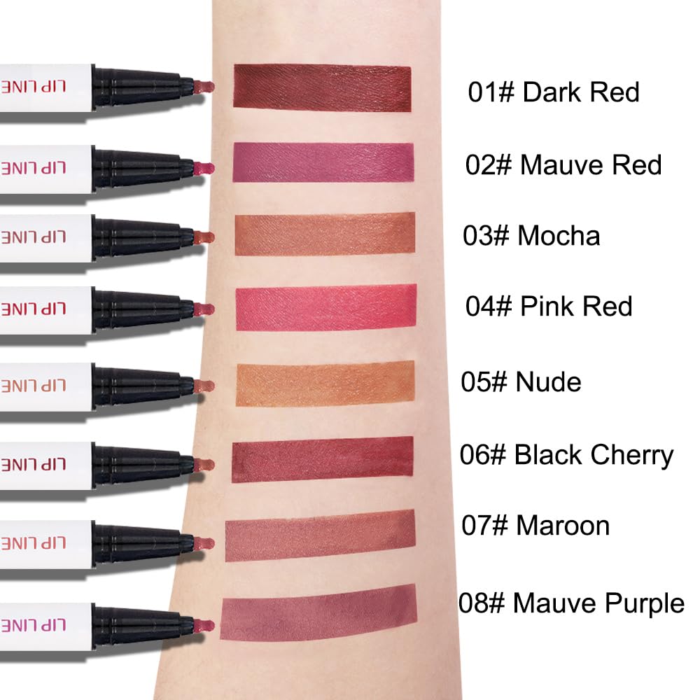 2Pcs Longwear Liquid Lip Liner Stain Marker Pen Set Long Lasting Waterproof, Black Cherry Wine Red Matte Permanent 24 Hour Lip Liner and Lipstick Combo, Color Stay Lipliner All Day Lips Stain peel off