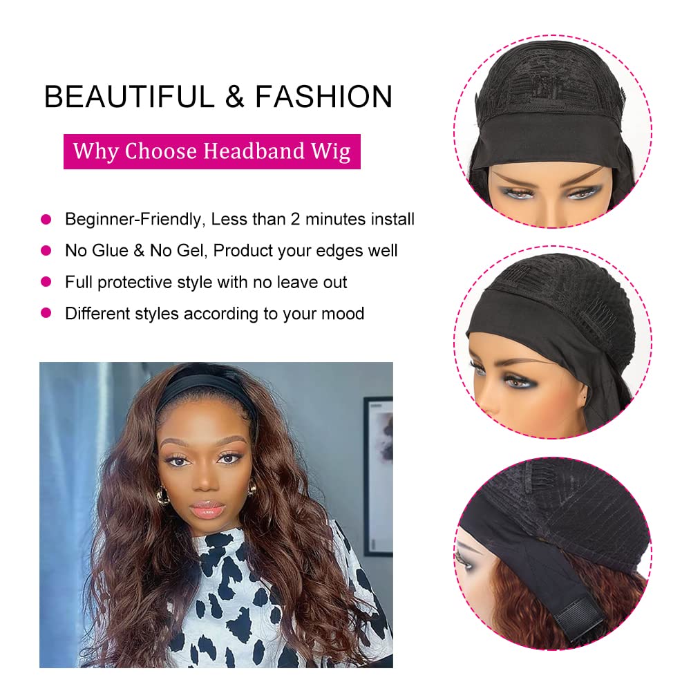 YiweYowe #4 Chocolate Brown Body Wave Headband Wig Human Hair 22 Inch #4 Brown Color 150% Density Brazilian Virgin Hair Glueless None Lace Front Wig Wear and Go Wigs for Black Women