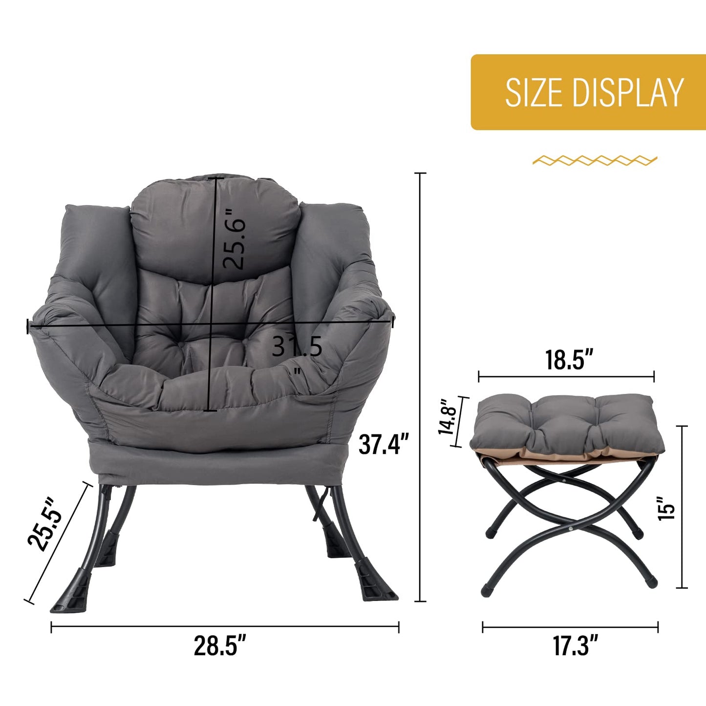 Welnow Lazy Chair with Ottoman, Modern Lounge Accent Chair with Armrests and a Side Pocket, Leisure Sofa Armchair, Reading Armchair with Footrest for Small Space, Dark Grey