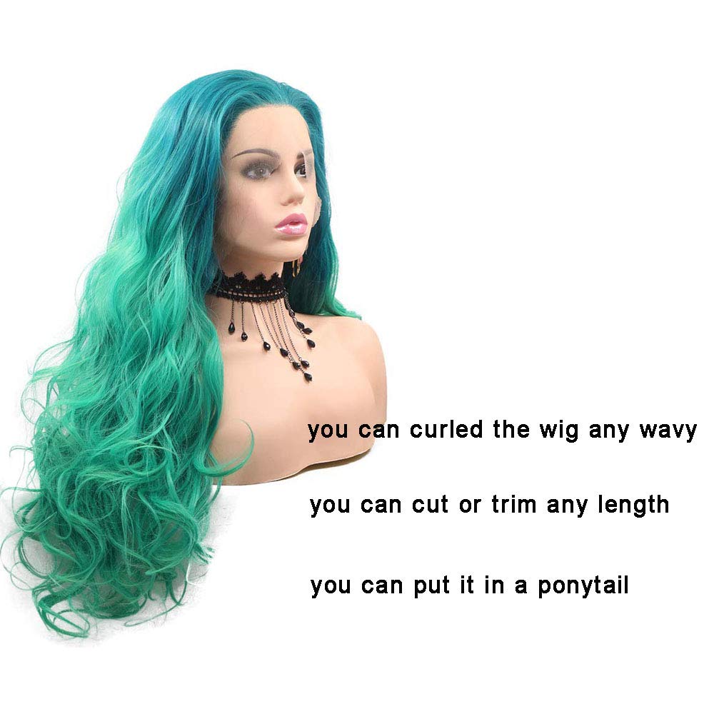 Long Green 2T Ombre Body Wave Synthetic Lace Front Wigs for Women Free Part Natural Hairline Glueless Wigs Light Green Ombre Green Body Wave Curly Heat Resistant Fiber Hair Replacement Wig Cosplay