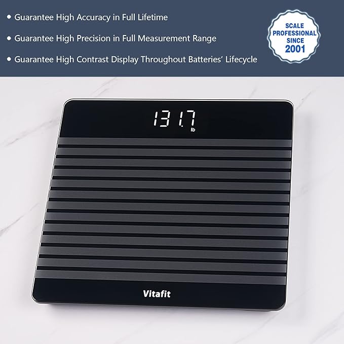 Vitafit Anti-Slip Smart Digital Bathroom Scale for Body Weight, FSA HSA Store Eligible, High Accuracy Assured by Weighing Professional Since 2001, BMI with App,Black