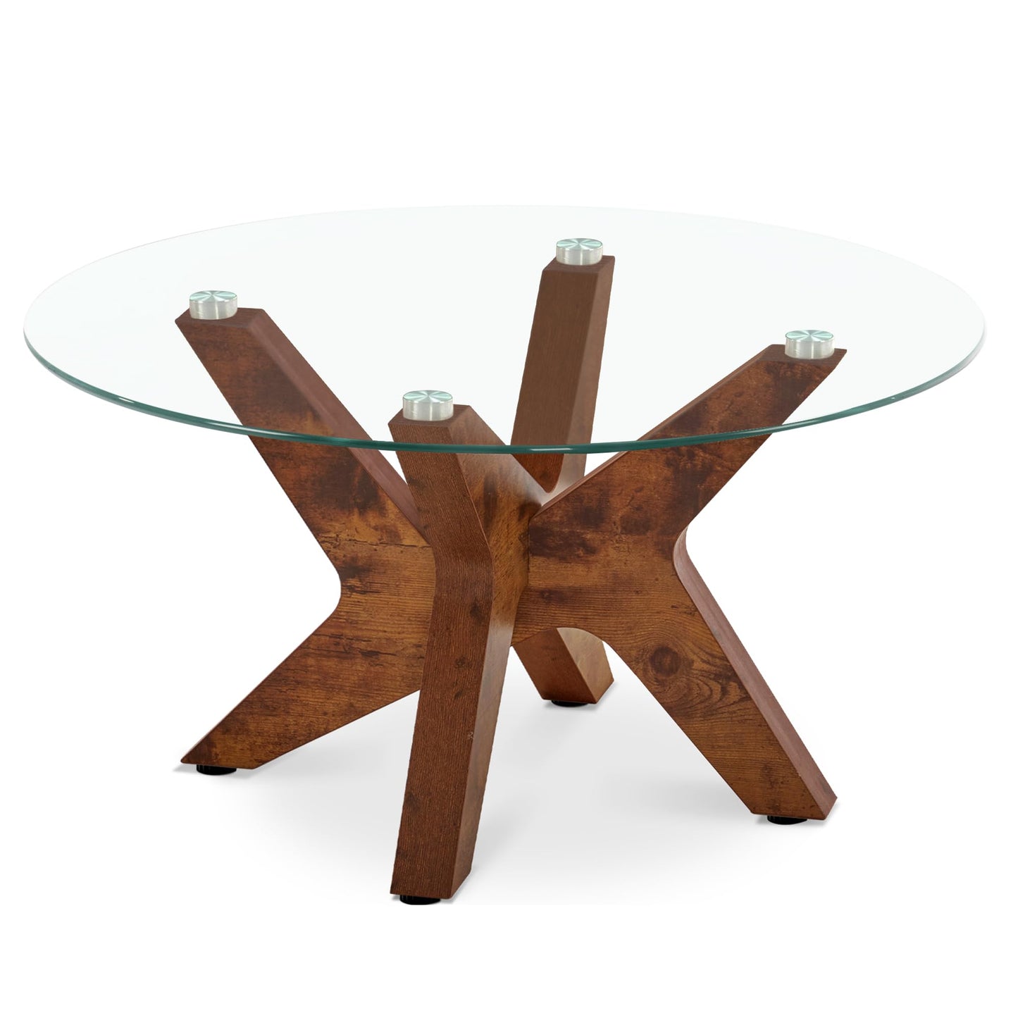 ivinta Round Glass Coffee Table, 31.5" Modern Center Table with Tempered Glass and MDF Legs for Living Room, Office, Tree (Rustic Brown)
