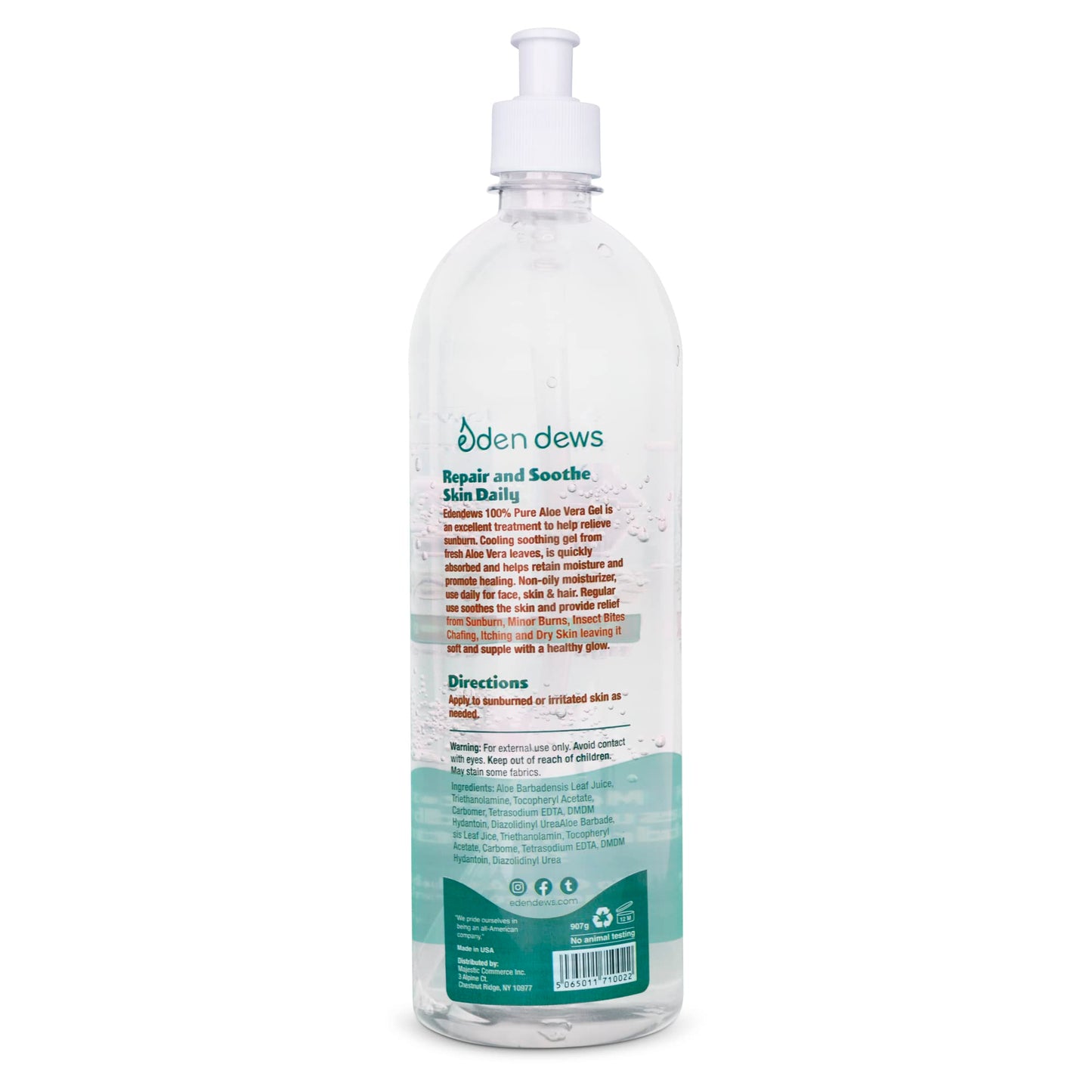 Eden Dews Organic Aloe Vera Gel 100% Pure & Natural Gel, Moisturizing, Face Skin & Hair Care, Sun Burn Relief, Hydrating & Soothing for Dry Skin, Acne, Razor Bumps, Made in USA, Unscented, 32 oz