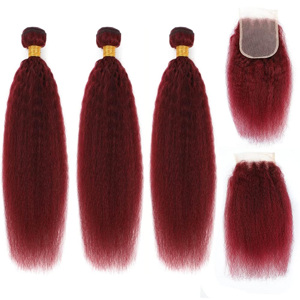 Rosmontis 99j Brazilian Yaki Straight Human Hair 3 Bundles With Closure Yaki Human Hair 4x4Closure 100% Virgin Kinky Straight Virgin Hair Extensions (10-12-14Inch with 10Closure)